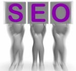 Seo Placards Mean Optimized Web Search And Development Stock Photo