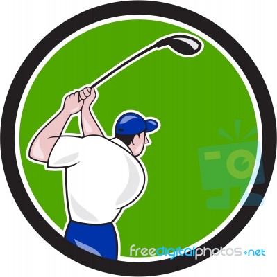Golfer Swinging Club Circle Cartoon Stock Image