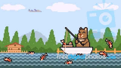 Pixel Art Bear Fishing Stock Image